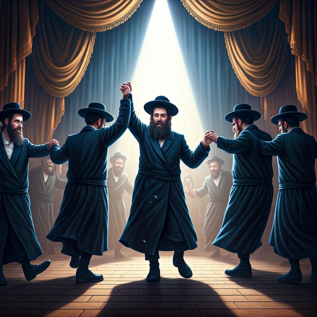 Hasidic Men Dancing with Joy in Colorful Lighting