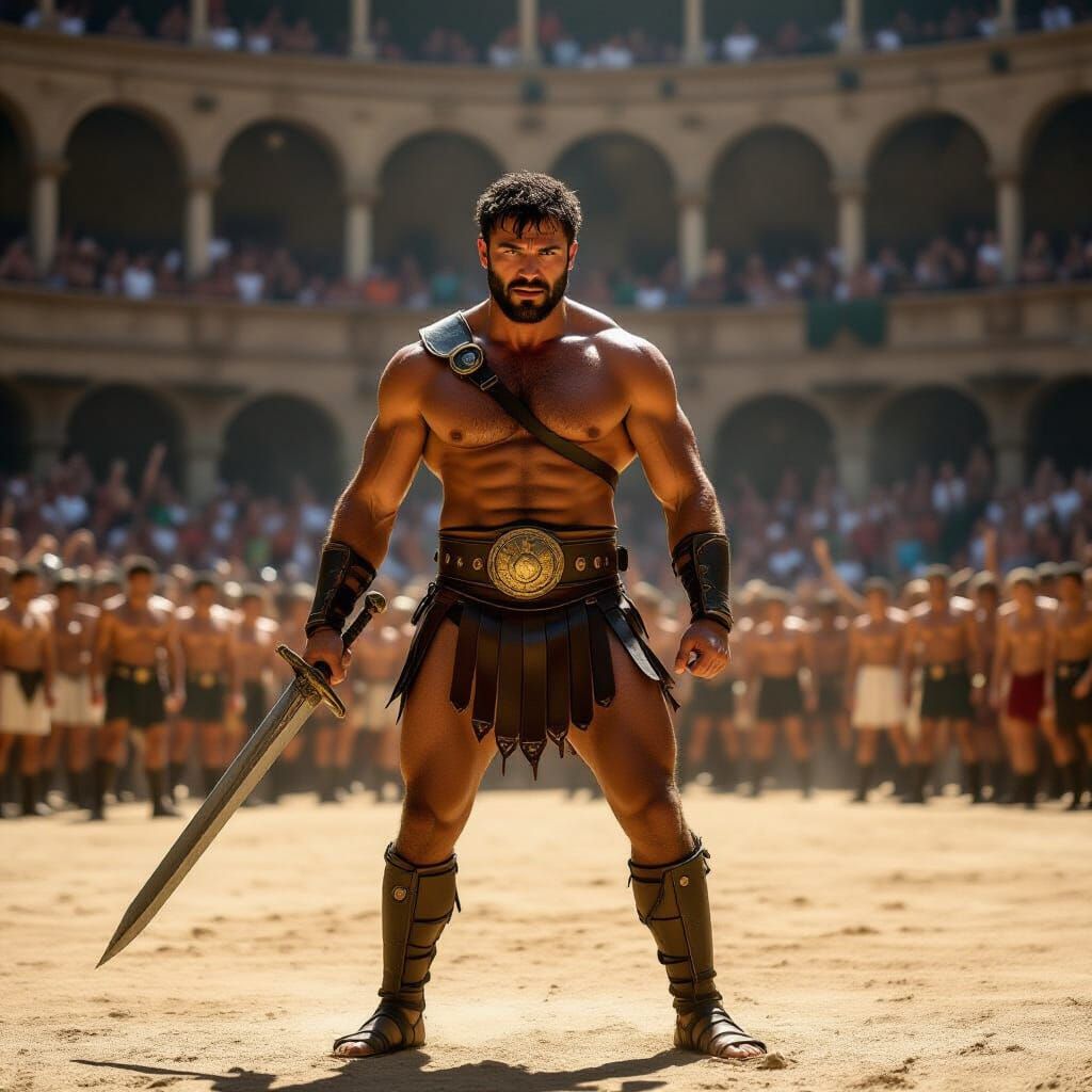 Italian Gladiator Ready for Battle in Sun-Drenched Arena