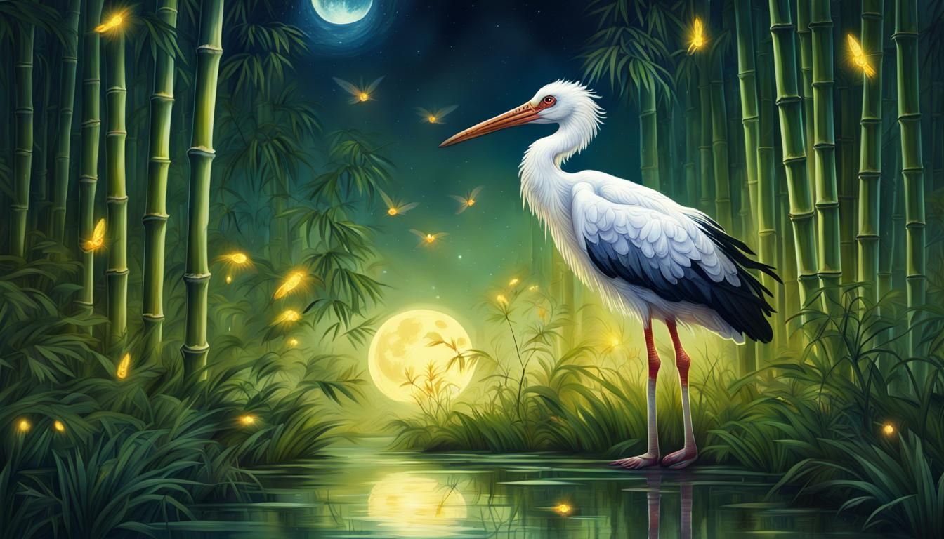 Fantasy Stork in Moonlit Bamboo Forest Art