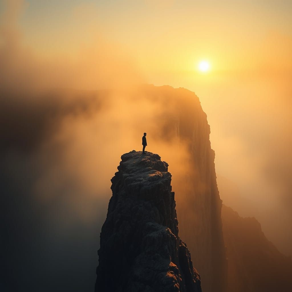 Figure on Cliffside at Sunset in Hyperrealistic Style