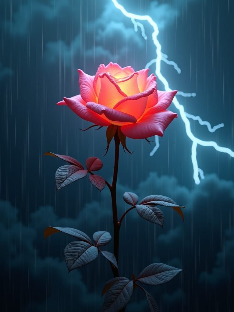 Electric Pink Rose Stands Tall in a Turbulent Thunderstorm