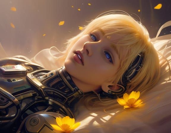 Blond Child in Cybernetic Meadow, God Rays, Vibrant Oil Pain...