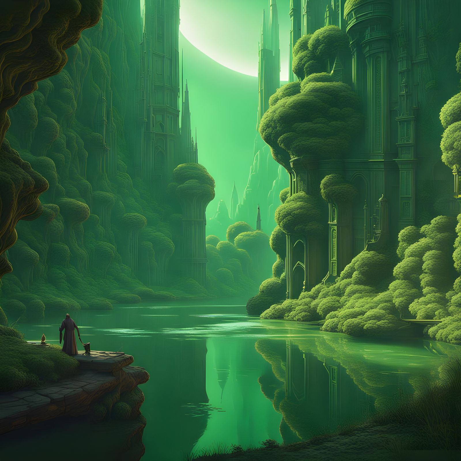 Moebius-Inspired Fantasy Realm in Vibrant Green
