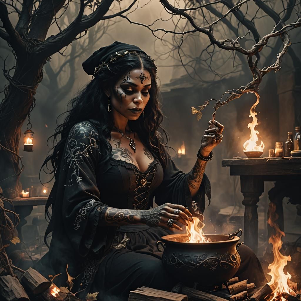Black Witch Brews Potion in Dark Fantasy Art