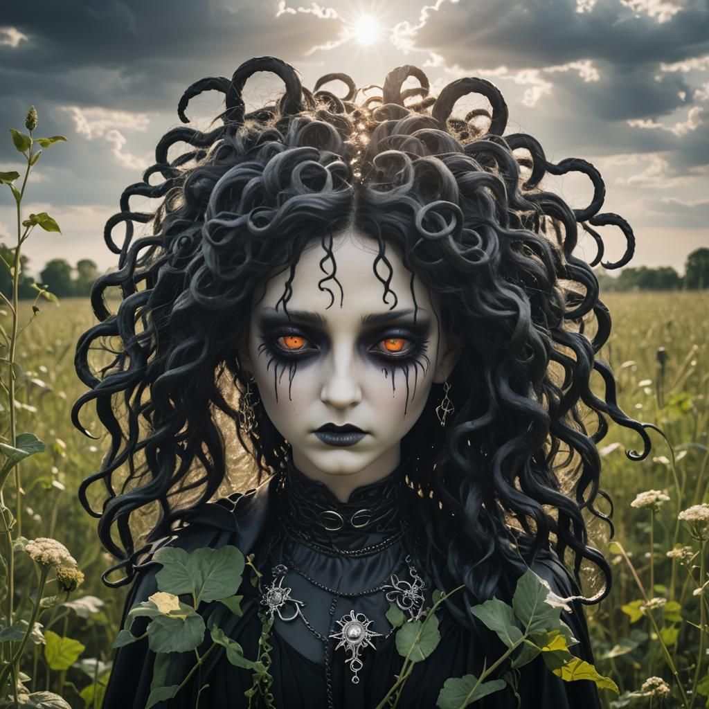 Goth Medusa Crying in a Sunlit Field