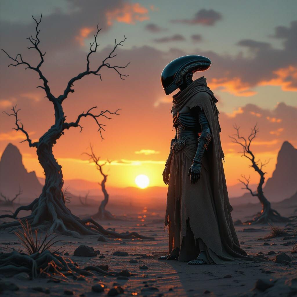 Xenomorph Silhouette on Alien Planet at Sunset