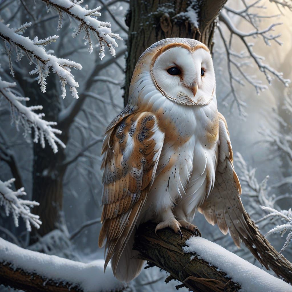 Barn Owl in Snowy Forest, Photorealistic