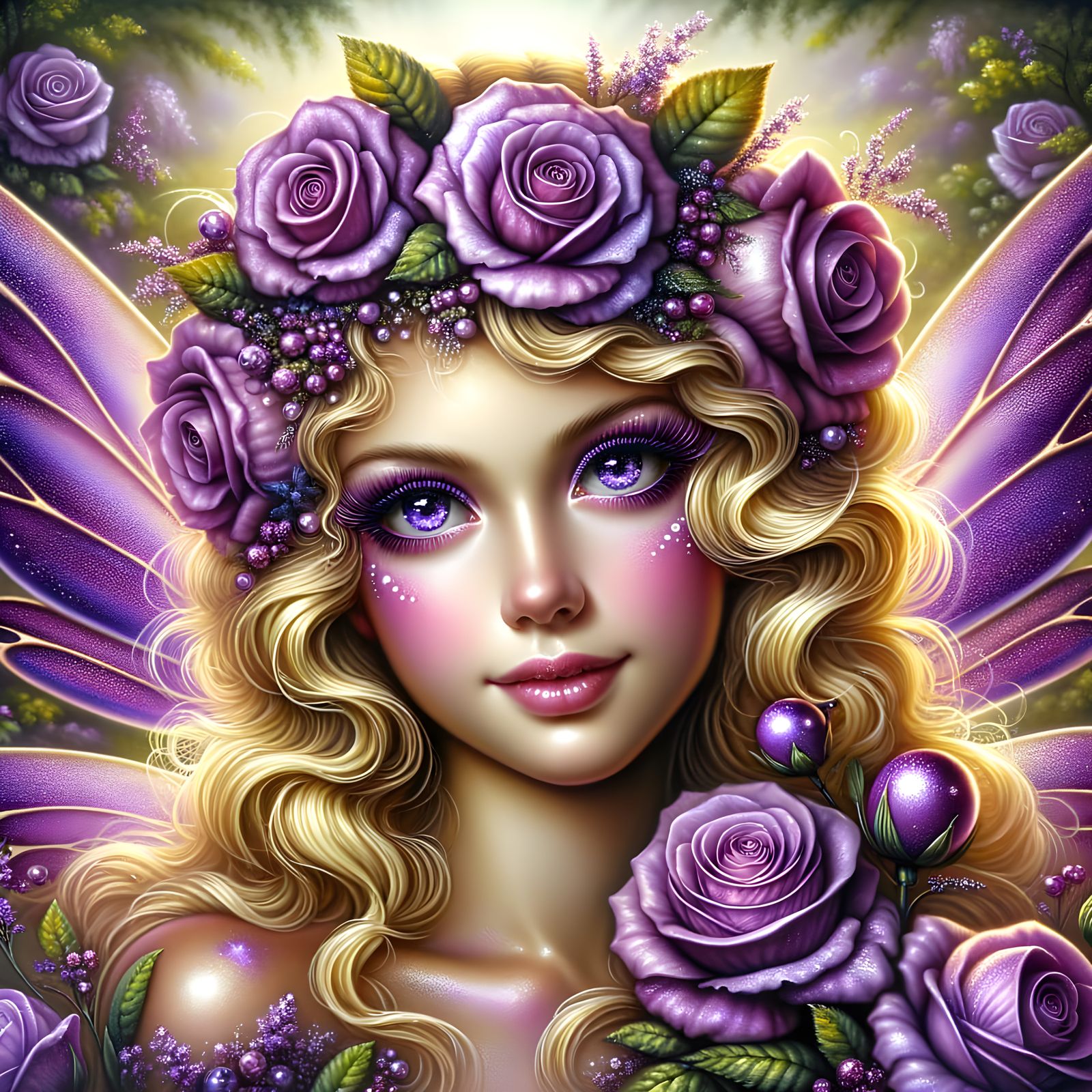 A radiant fairy stands in full bloom, her Golden blonde curls crowned with purple roses and dewdrop pearls. Sparkling pu...