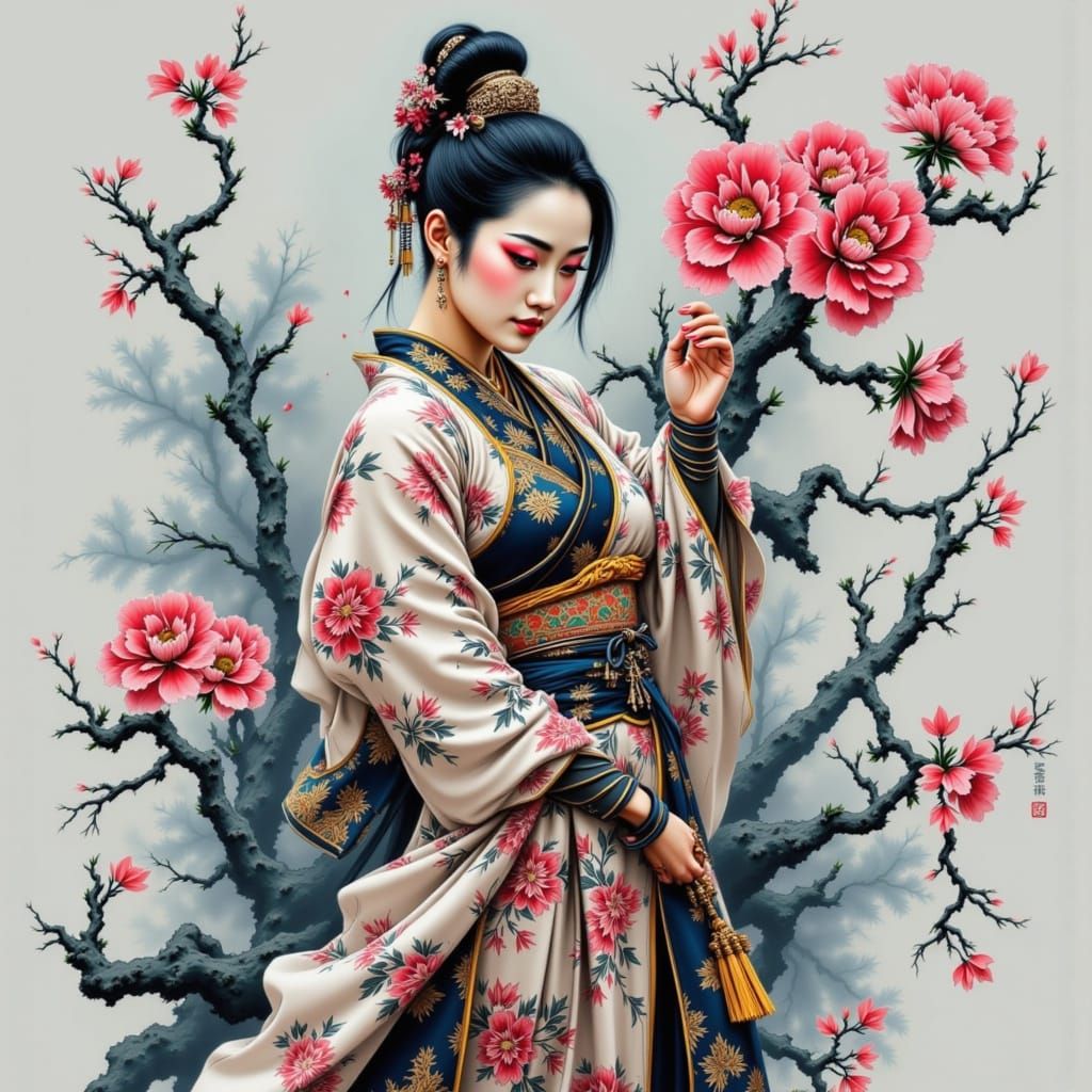 Japanese Pagoda in Vintage Ink Brush Style