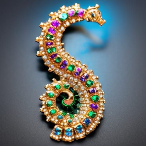 Fractal Seahorse Brooch with Gemstones, Hyperrealistic 8K