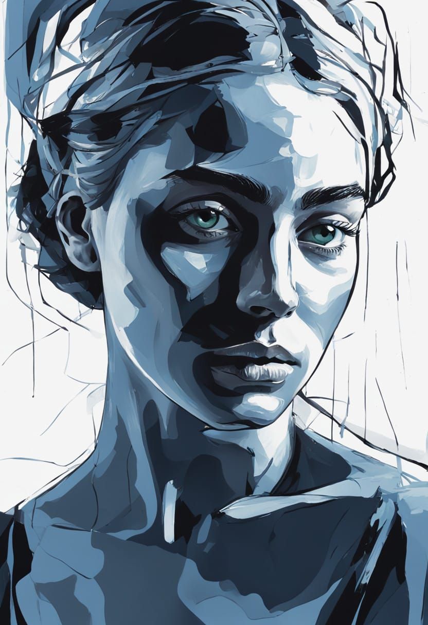 Solemn Blue-Toned Woman in Contemplative Mood