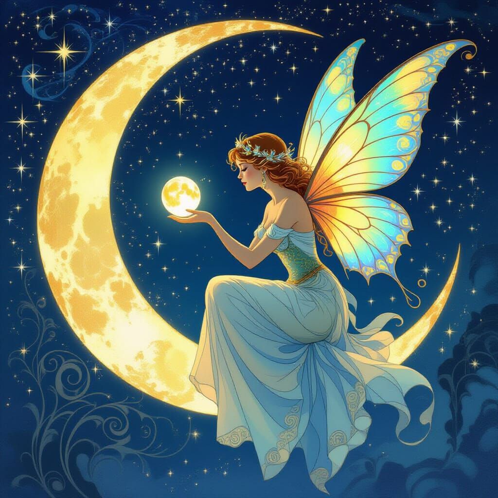 Ethereal Fairy Touches Luminous Moon in Fantasy Art Style