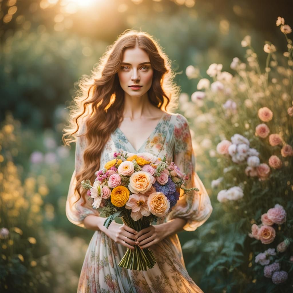 Young Woman with Flowers: Inspired by Pre-Raphaelite Art