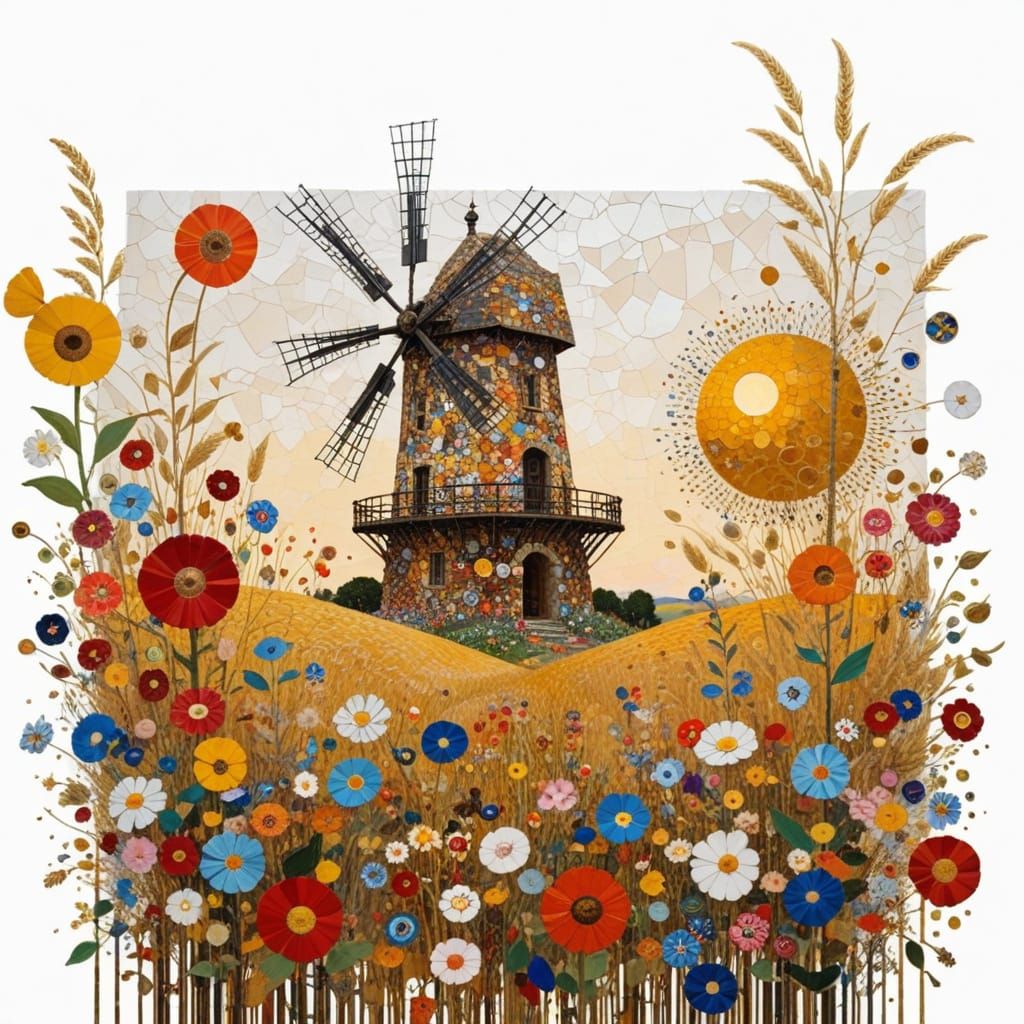 Golden Wheat Field at Sunset with Stone Windmill, Klimt-Insp...