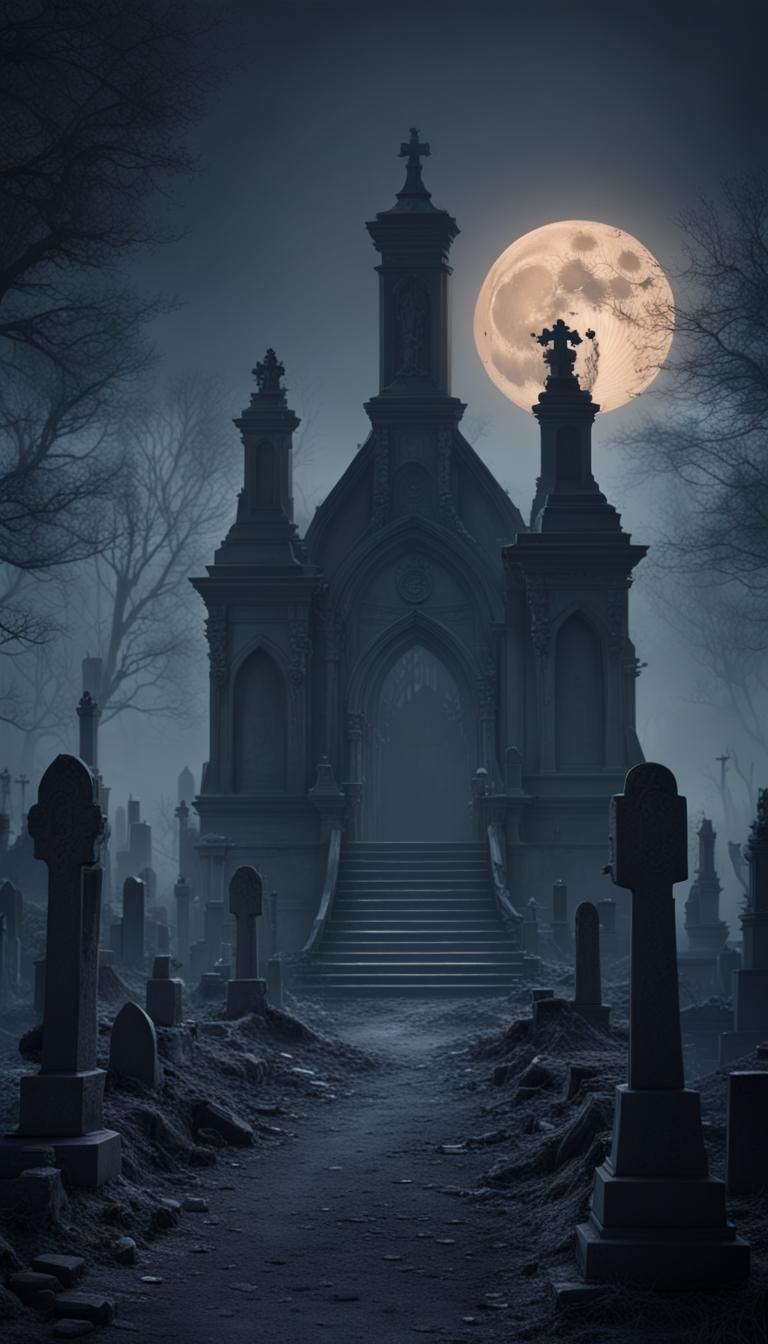 Eerie Horror Cemetery at Night in Detailed Digital Painting