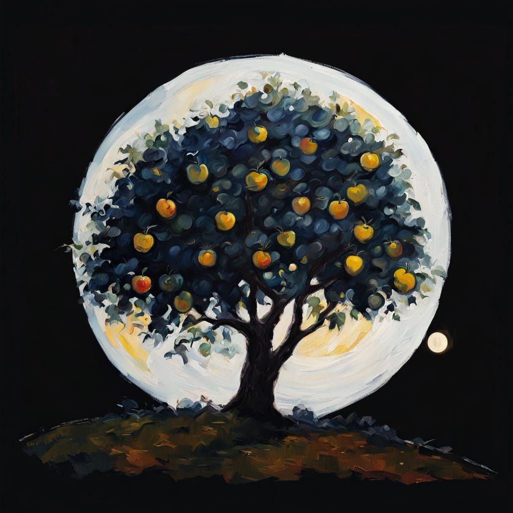 Impressionist Apple Tree Under Full Moon in Gouache
