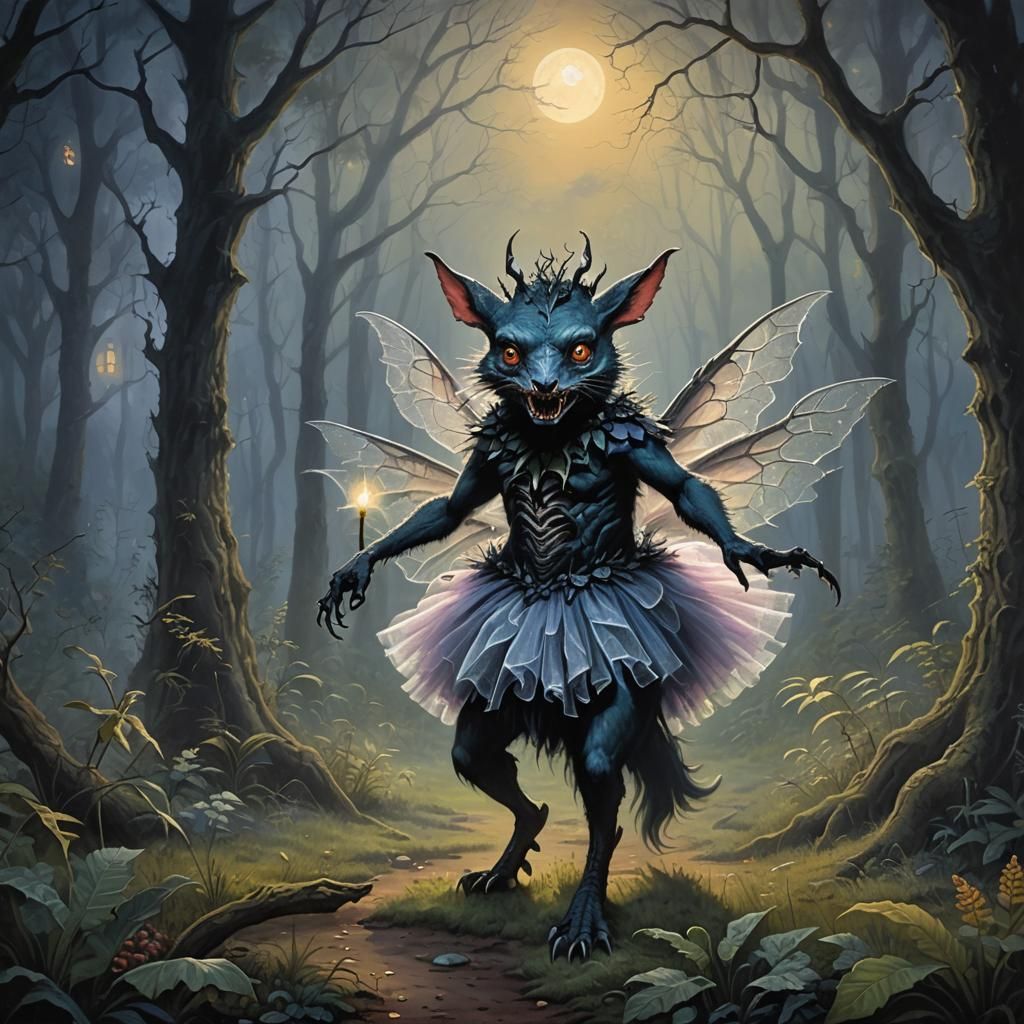 Eerie Chupacabra Ballerina in Spooky Moonlit Forest