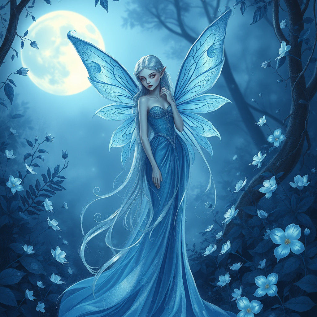 Mystical Blue Fairy Elf in Moonlit Forest