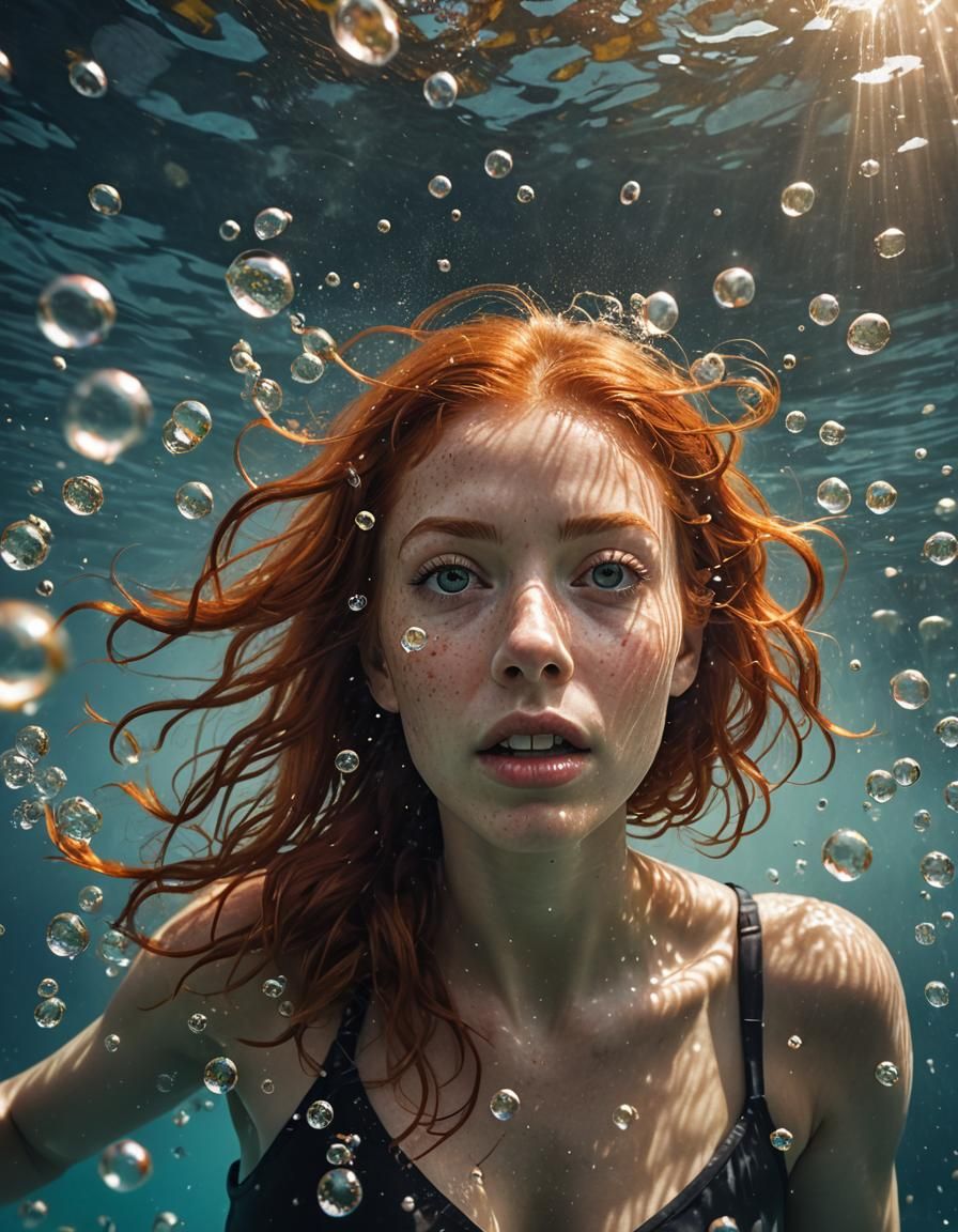 Red-Haired Woman Underwater: Hyperrealistic Editorial Photo