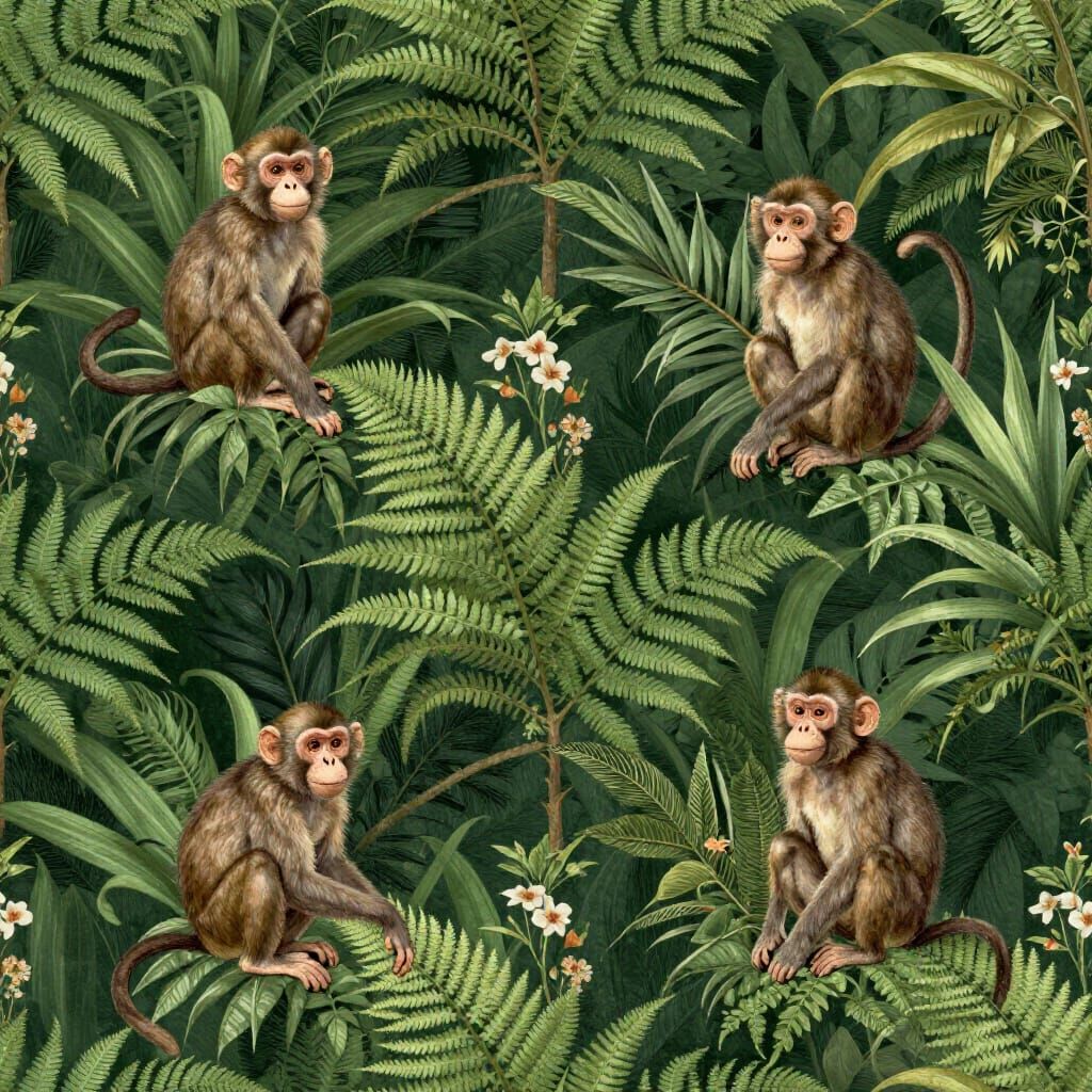 Vintage Victorian Botanical Pattern of Monkeys in Lush Jungl...