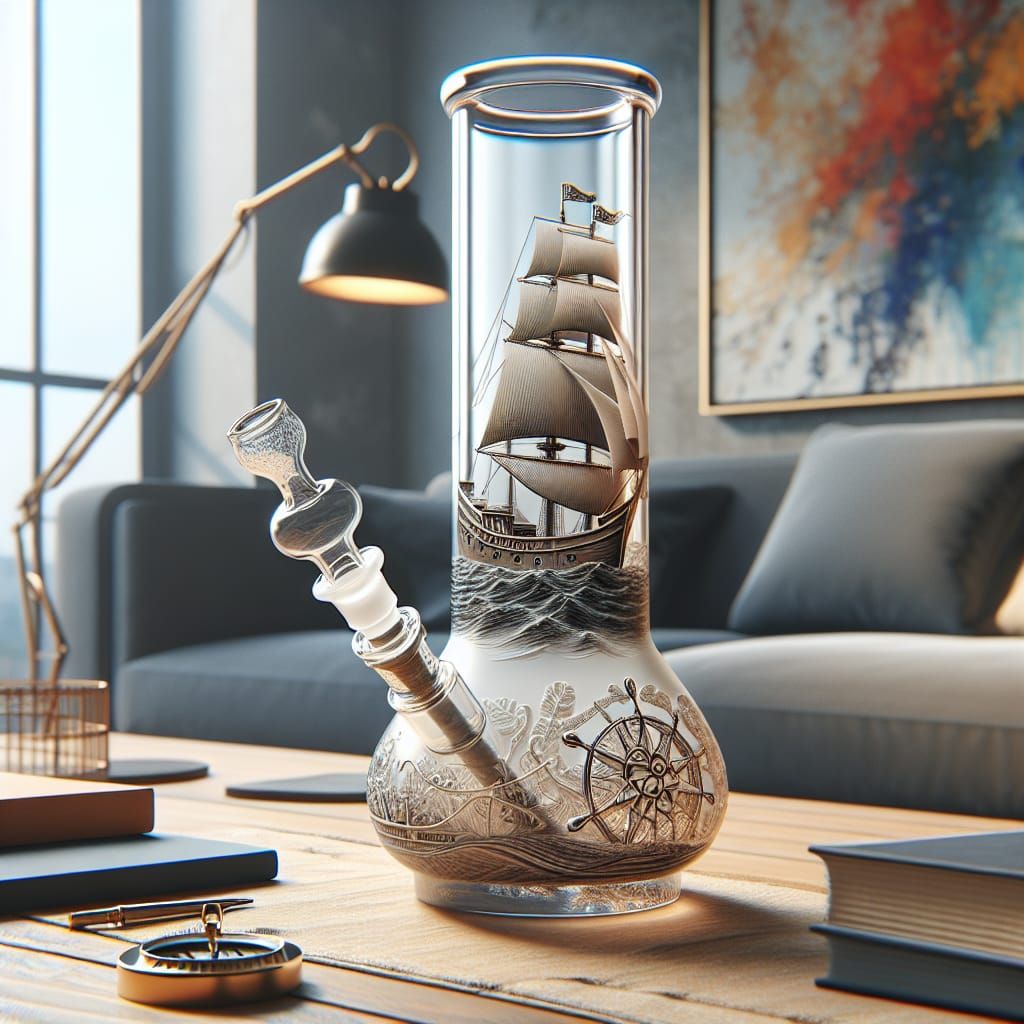 Pirate Themed Glass Bong on Living Room Table