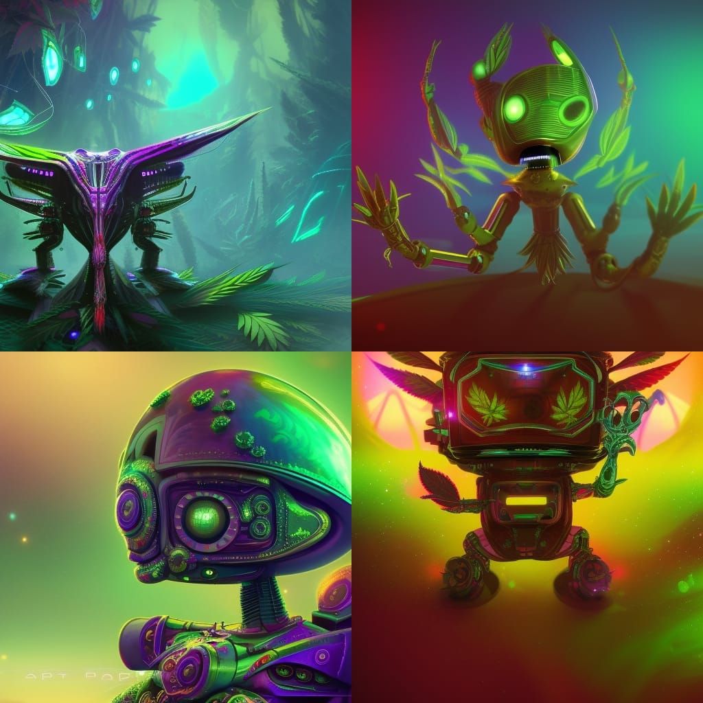 Psychedelic Robot Alien with Marijuana Leaf