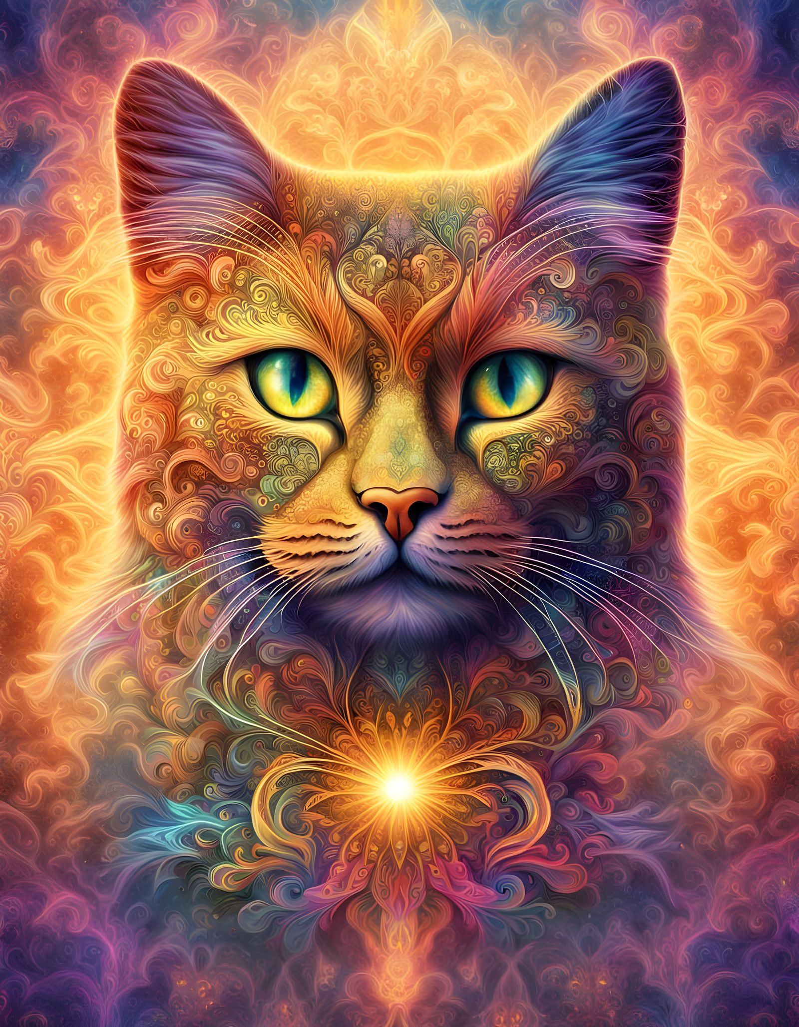 Whimsical Cosmic Feline in Vibrant Spring Meadow