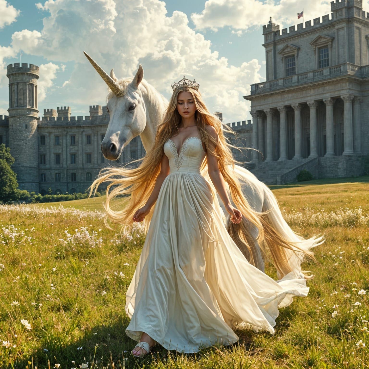 Regal Princess in Sunlit Meadow with Majestic Unicorn