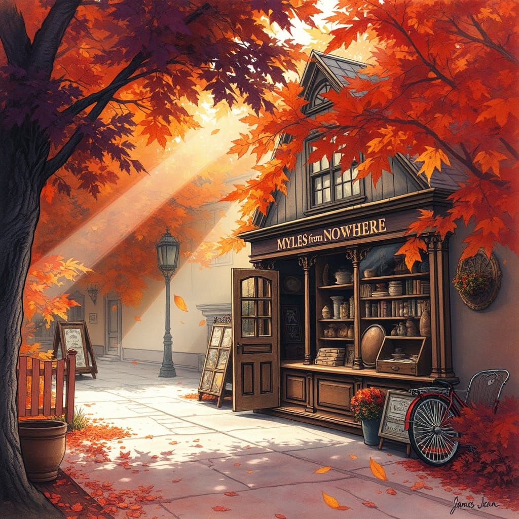 Charming Antique Shop in Autumn, Pre-Raphaelite Style