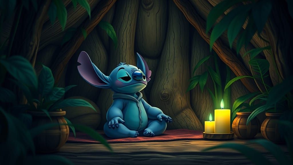 Stitch in a Serene Jungle Sanctuary