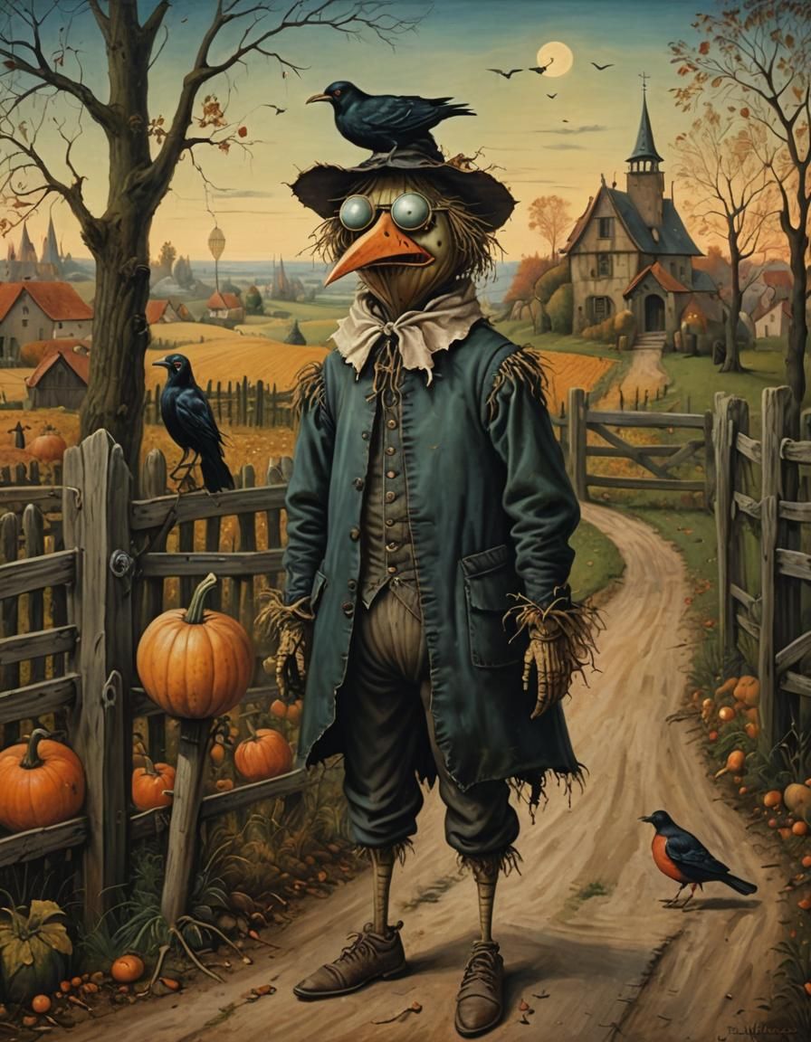 Whimsical Scarecrow Chat on Medieval Road