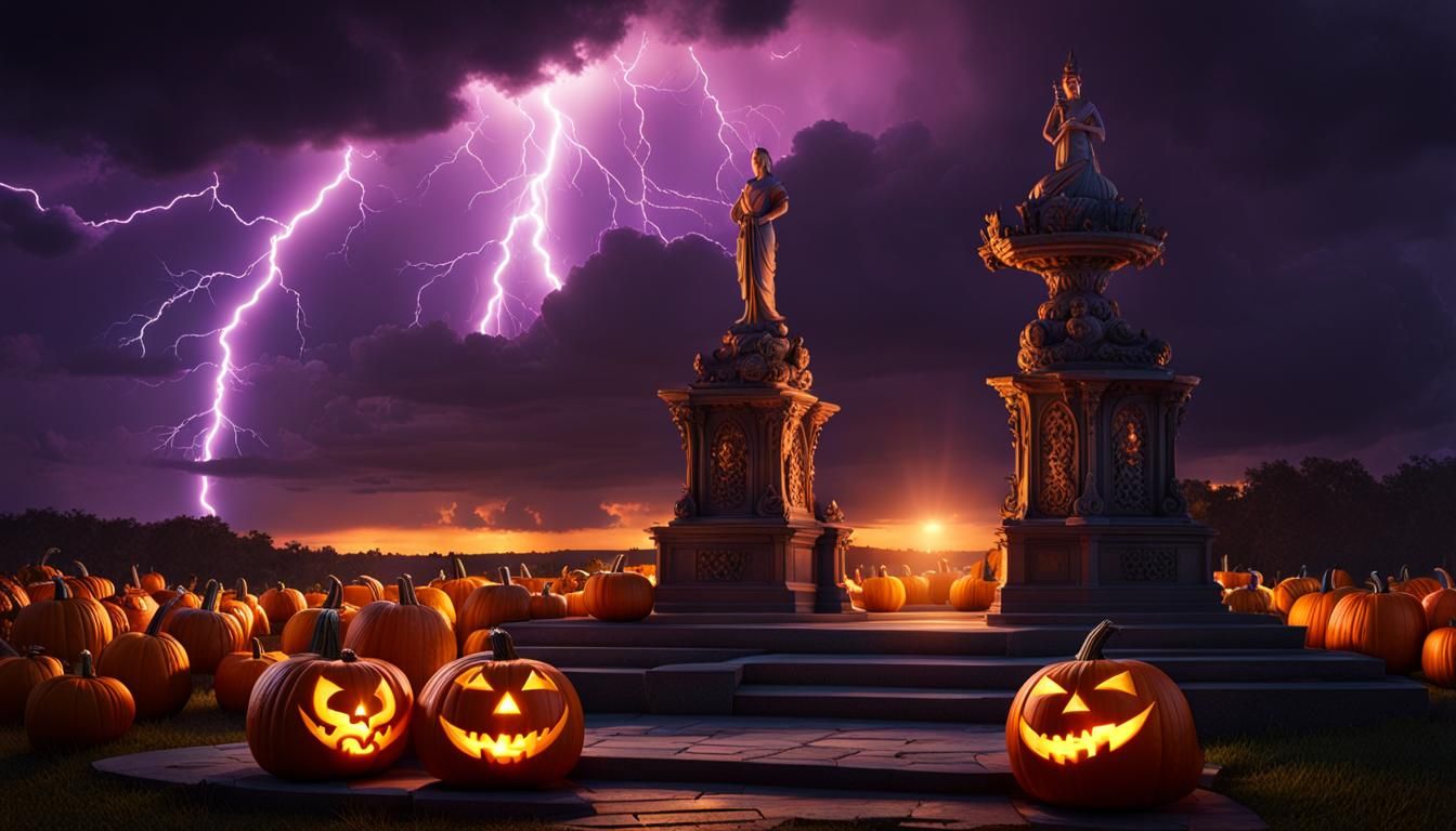 Pumpkin Carving Contest Winners at Sunset in Dark Fantasy St...