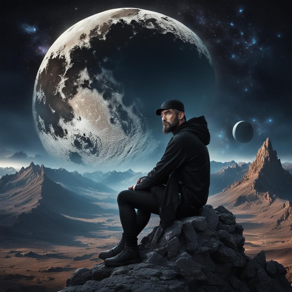 Man on Mountain with Moon and Galaxy Backdrop