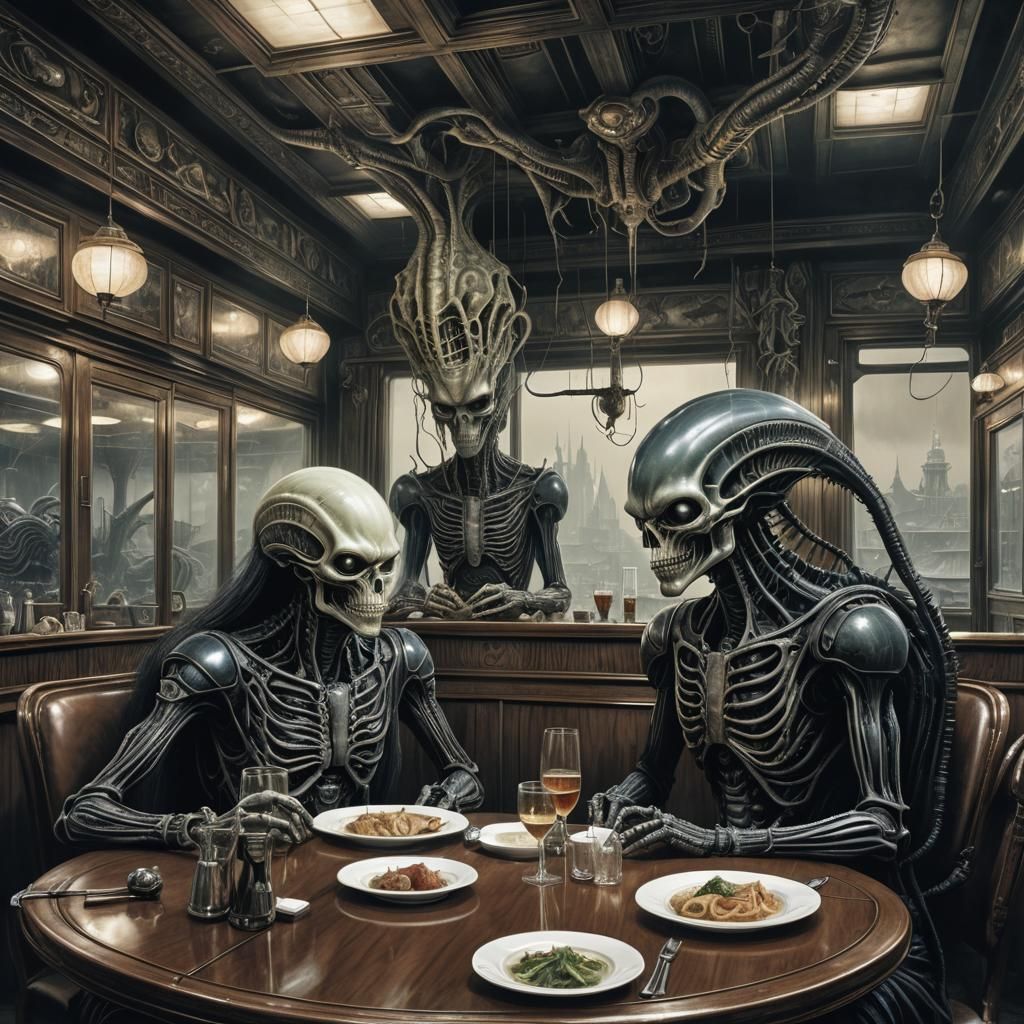 Aliens Fine Dining: Surrealist Digital Art