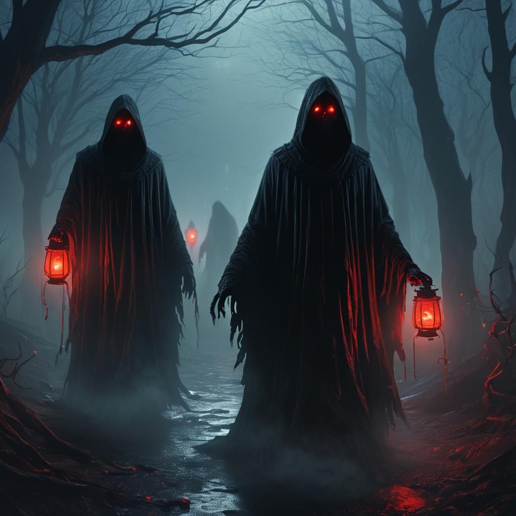 Creepy Night Scene with Ghosts in Dark Fantasy Style