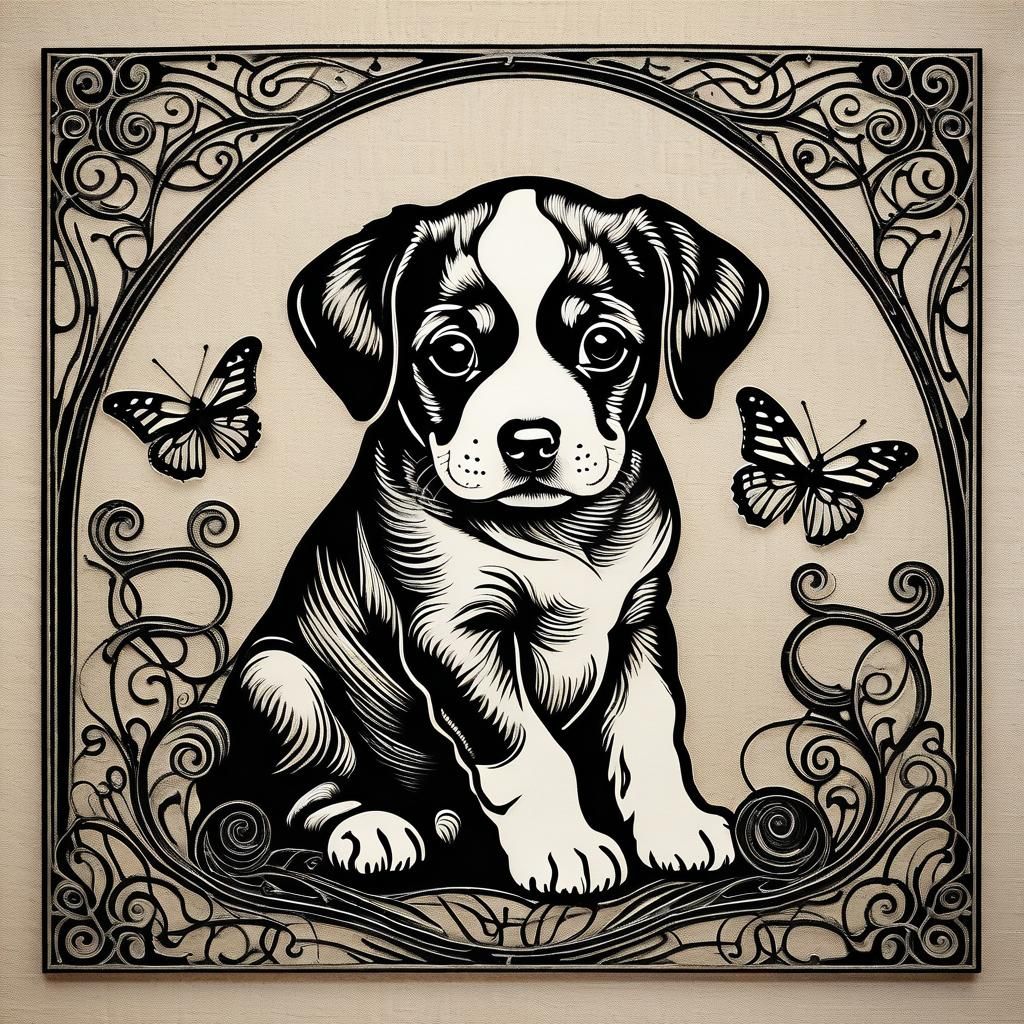 Minimalist Puppy and Butterfly Ink Drawing