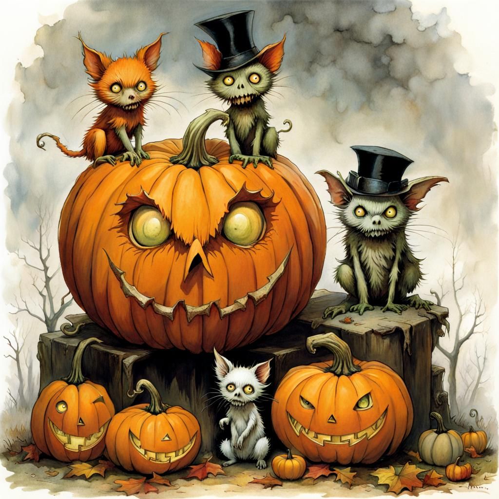 Zombie Pumpkin Family in Dark Fantasy Style