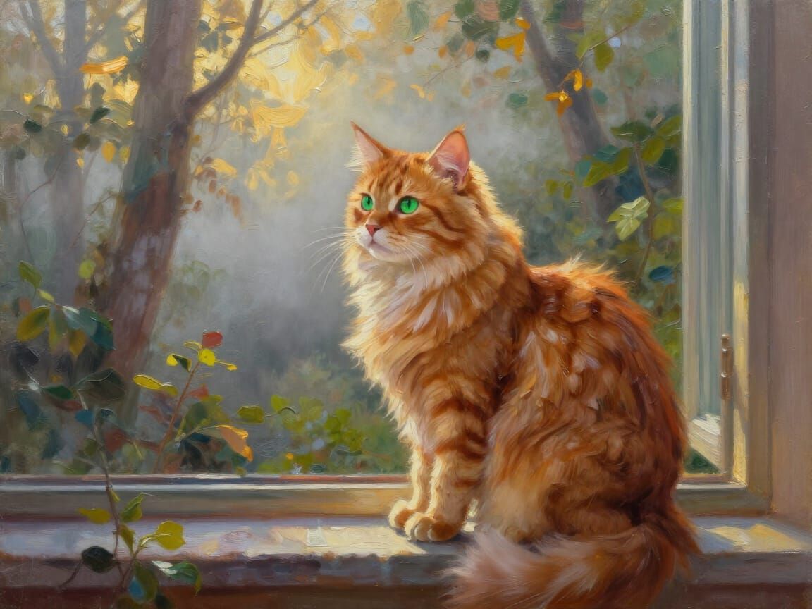 Impasto Oil Painting of a Ginger Cat on a Windowsill