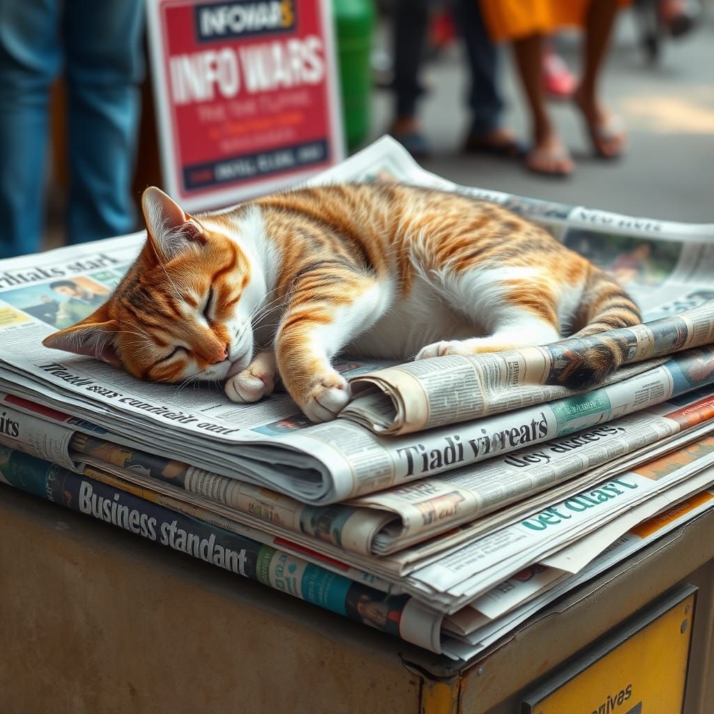 Cat's Serene Repose Amidst Vibrant Newspaper Chaos