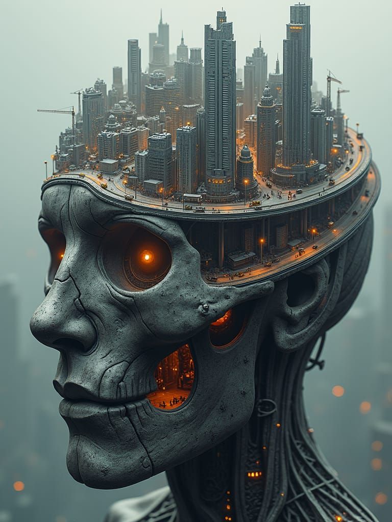 Intricate Cityscape Built Inside a Human Head