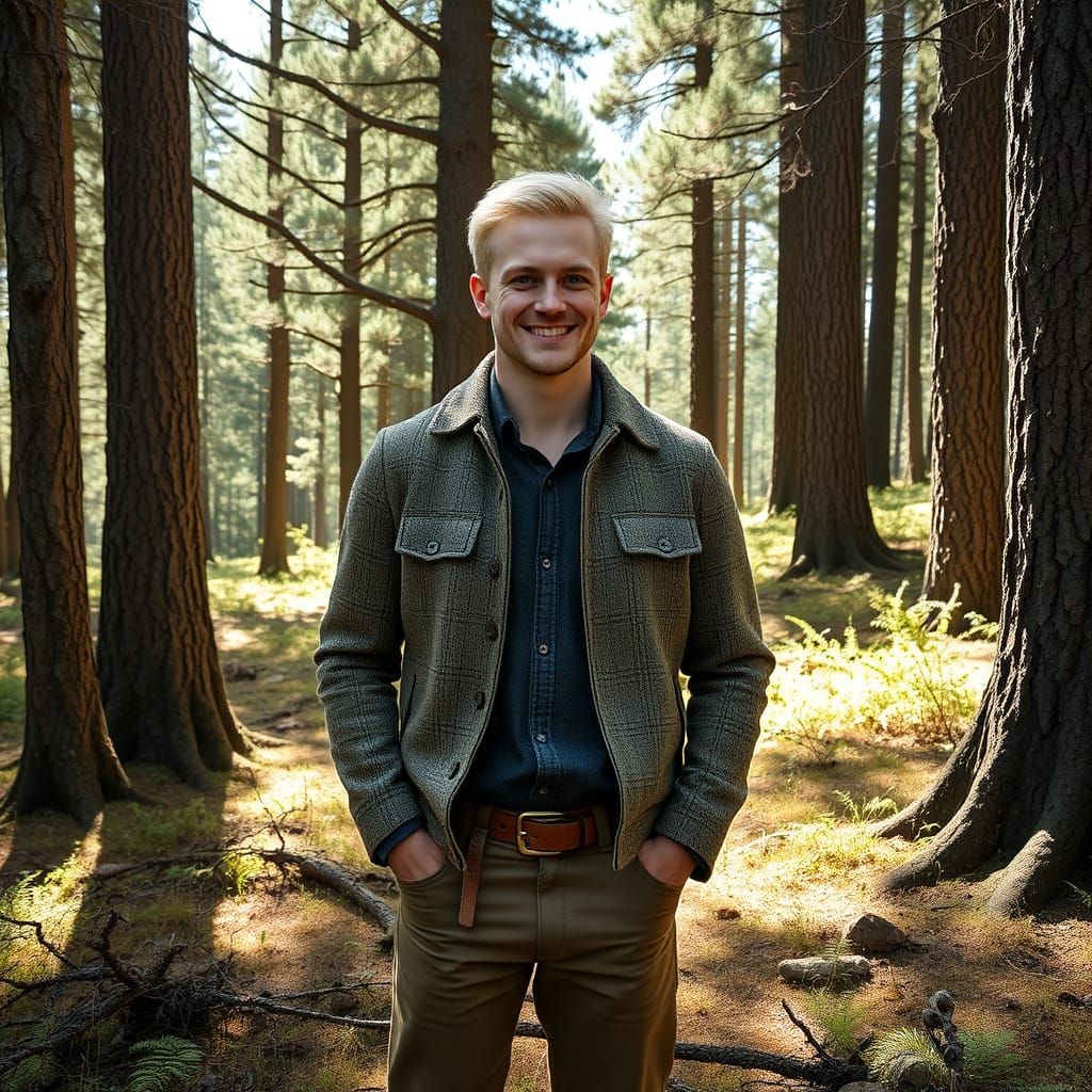 Handsome Man in Pine Forest Clearing with Brambles and Wild ...
