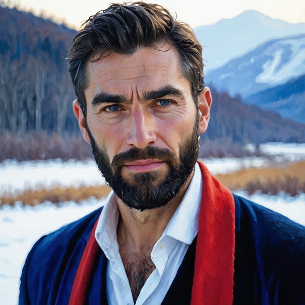 Bearded Man in Snowy Field: An Impasto Painting