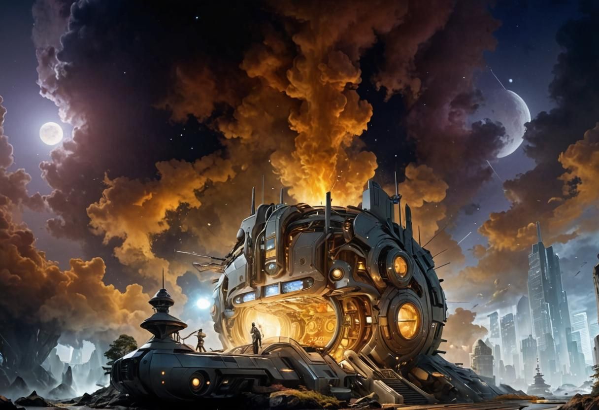 Futuristic Machine Crash Landing in Art Deco Style