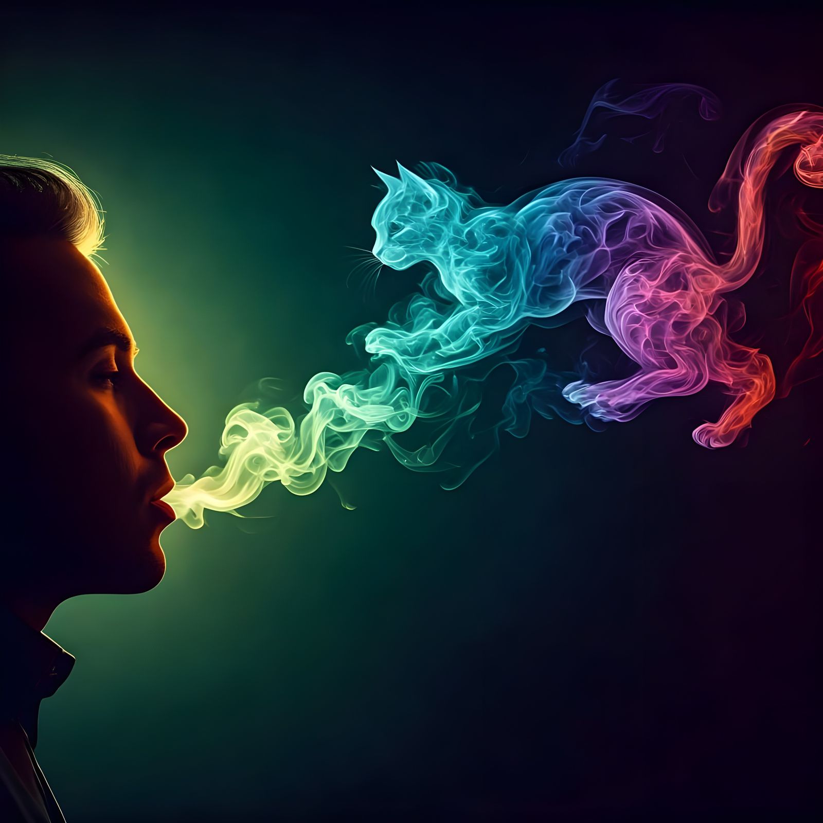 Rainbow Smoke Cat Silhouette in Dramatic Lighting