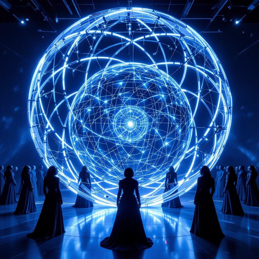 Blue Mechanical Shapes Centered on Luminous Sphere with Dron...