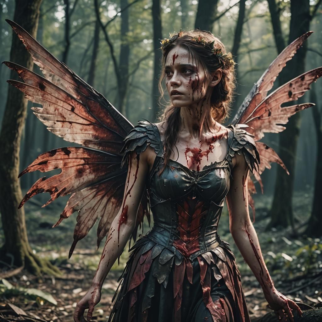 Wounded Fairy with Broken Wings: Cinematic Film Still