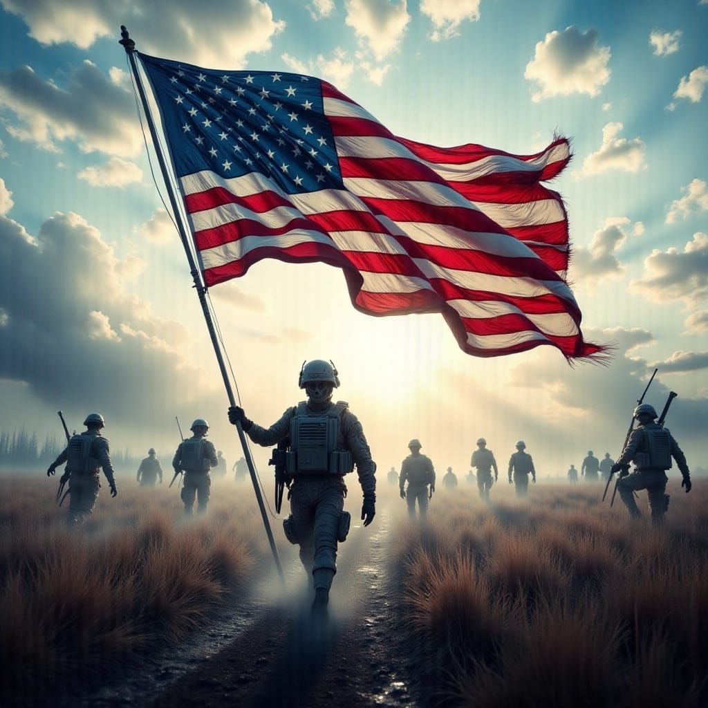 Cyberpunk American Flag Waves in the Wind Over a War-Torn Ba...