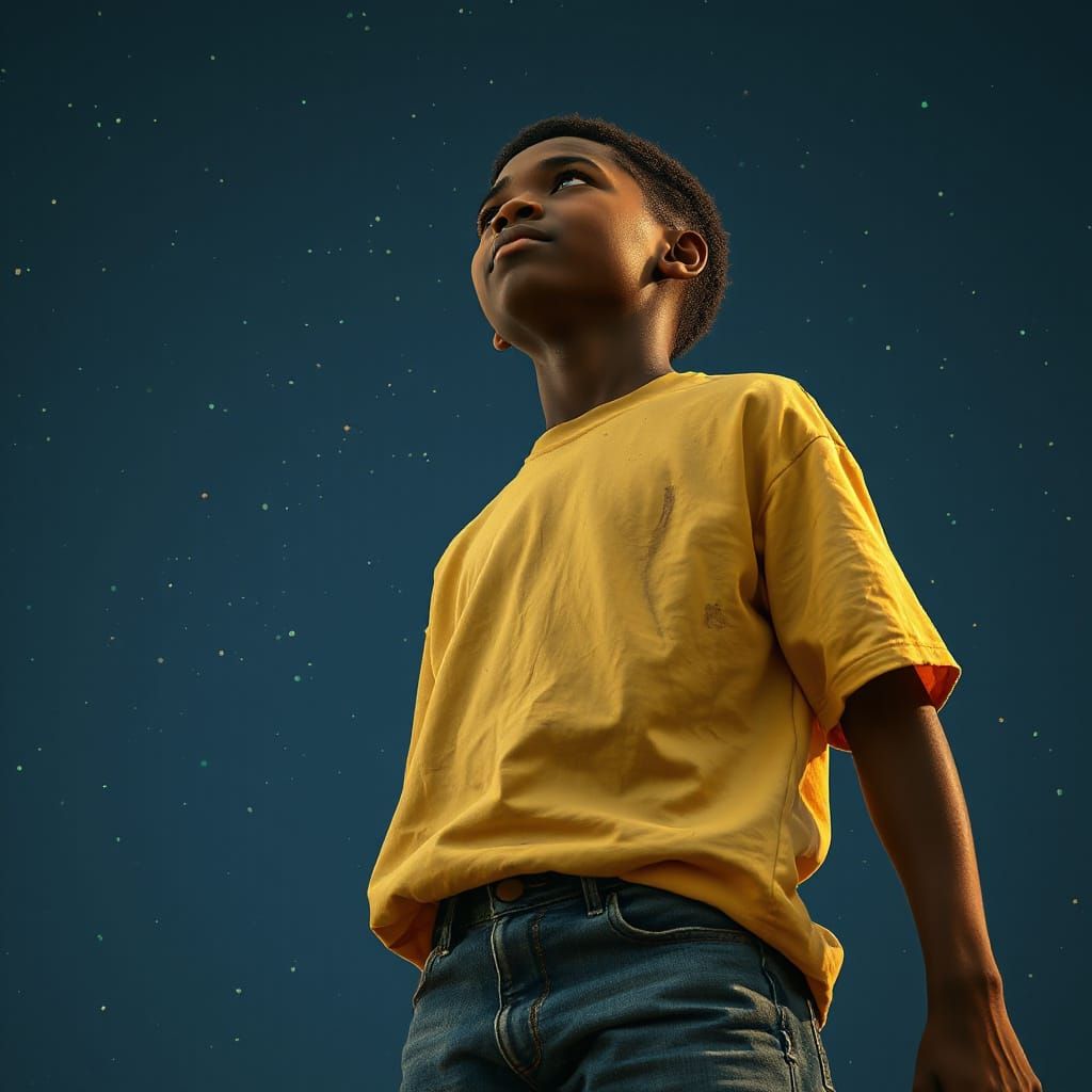 Boy Stargazing in a Dreamlike Landscape