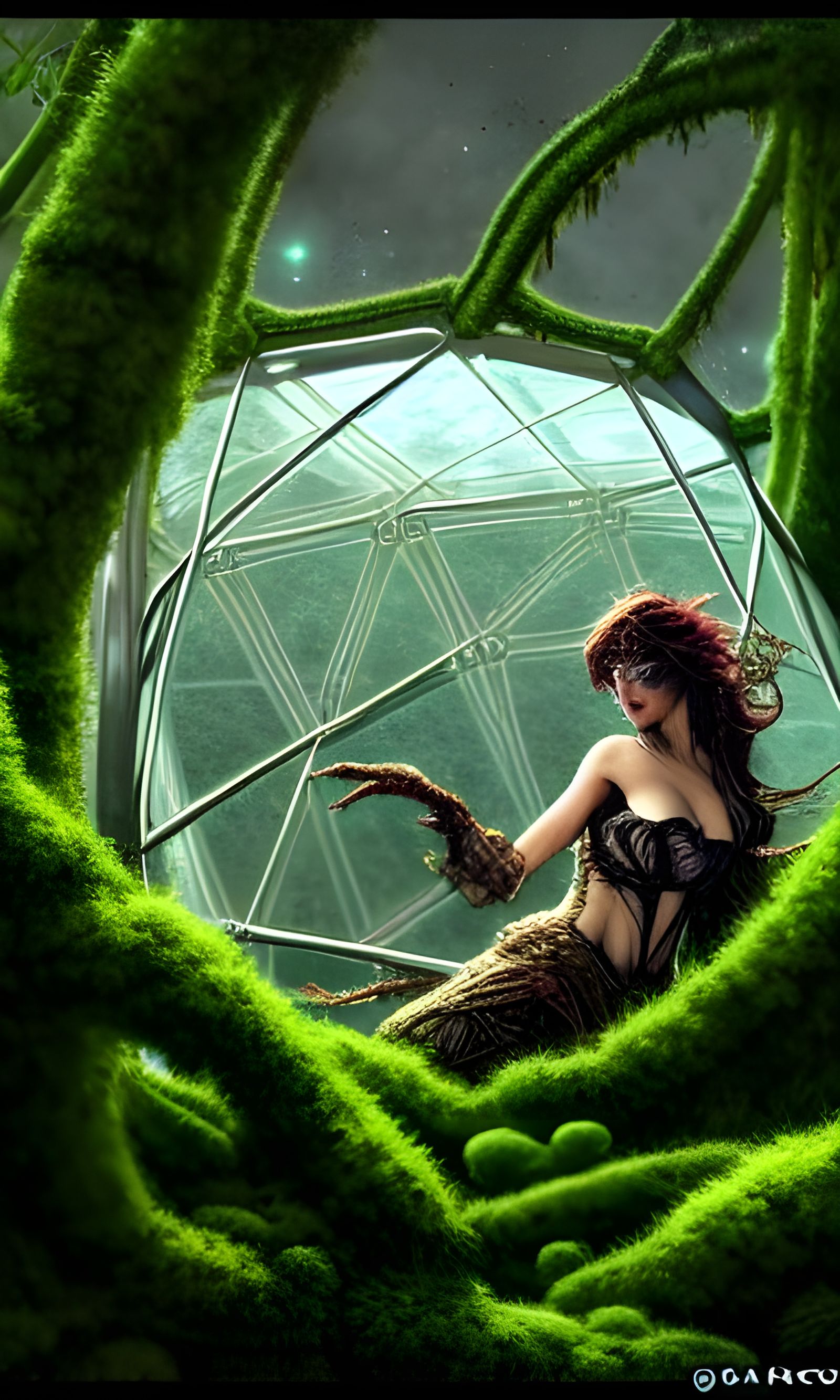 Intricate Geodesic Cage with Glowing Moss and Clovers