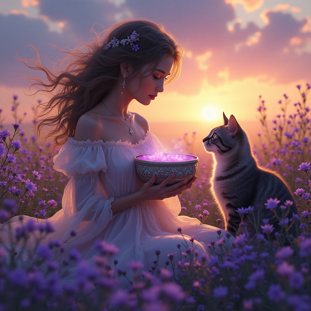 Enchanted Woman in Meadow with Starry Cat